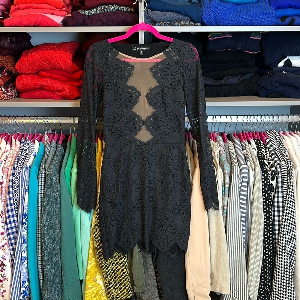 For Love and Lemons black lace with nude mesh long sleeve dress size S